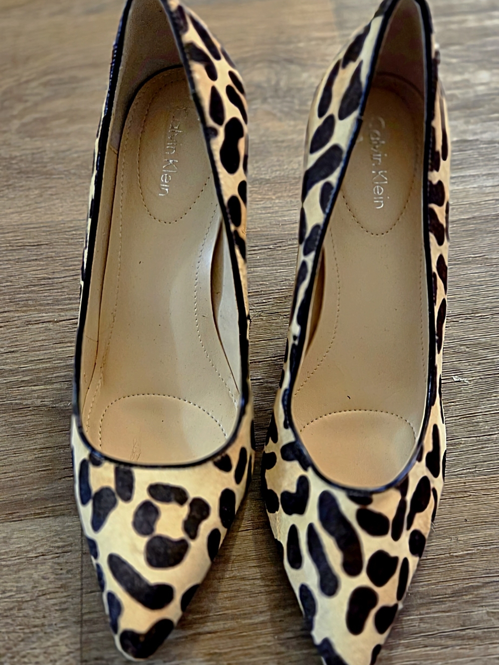 Calvin Klein Leopard Print Pointed Toe Pumps - Beige/Black